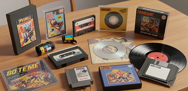 vintage technological devices from the 1980s symbolizing rapid tech evolution