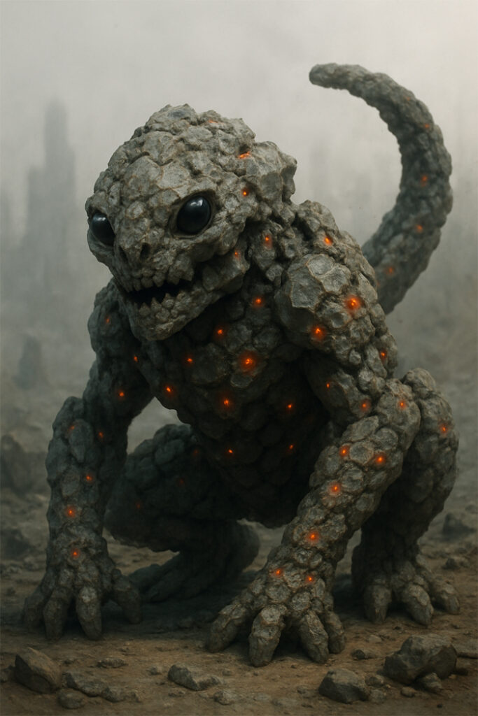 creature on a volcanic world with mineral exoskeleton and bioluminescent orange nodes, inspired by alternative biochemistry ideas