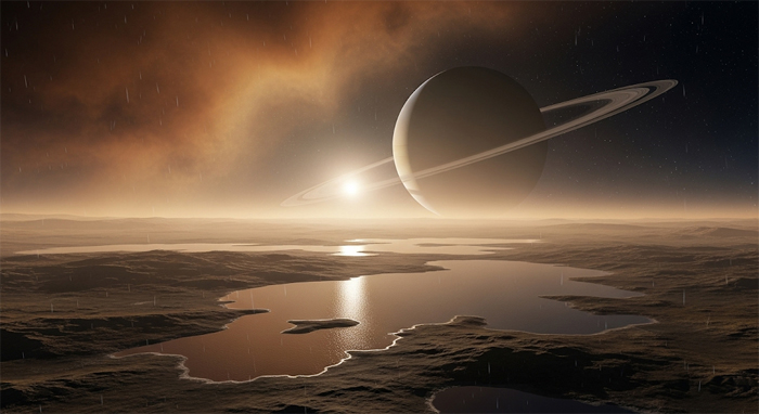 image of Titan with dense orange atmosphere and methane lakes and rivers, a prime astrobiology target.