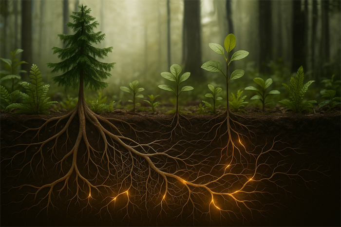 underground fungal network connecting tree roots, enabling chemical signaling and resource sharing.