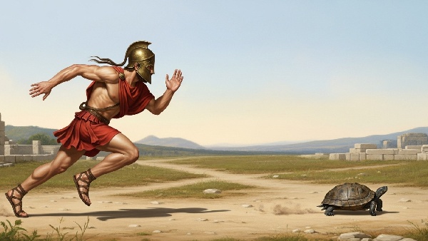 Depiction of Achilles and the tortoise paradox, symbolizing the infinite division of space and time