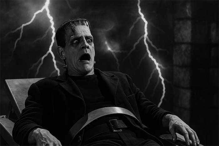 Illustration of the Creature Frankstein awakening on the lab table, conveying the vertigo of sudden, disoriented consciousness.