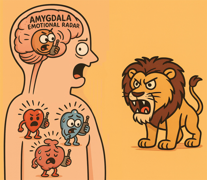 Brain diagram highlighting the amygdala in the limbic system, explaining rapid threat detection and the fight or flight response.