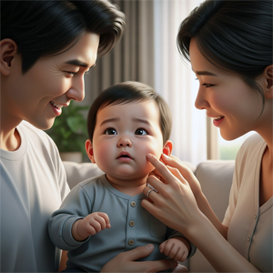 Illustration of a smiling family with mother and father gently caressing their baby, who looks at them with a curious expression.