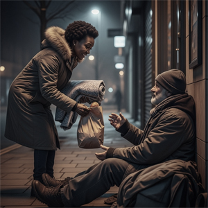 On a cold night, a woman in a parka hands a paper bag and rolled blanket to a man sitting against a building, both sharing a warm smile.