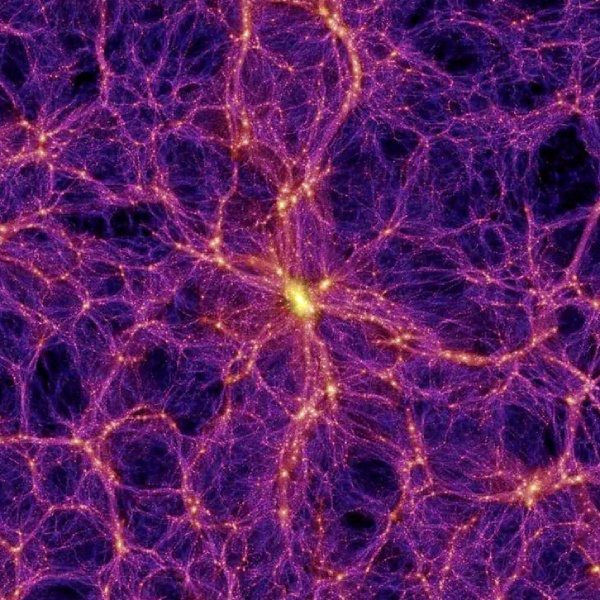 Large-scale structure of the universe resembling a cosmic web, with galaxies as nodes and vast voids in between