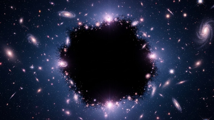 Artistic representation of dark matter as invisible structures shaping galaxies through gravity