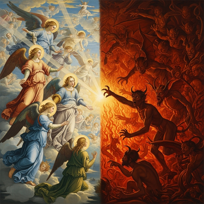 Classical painting divided by light and shadow: angels with halos in bright clouds on the left, demons in burning fire on the right, depicting the struggle between good and evil.