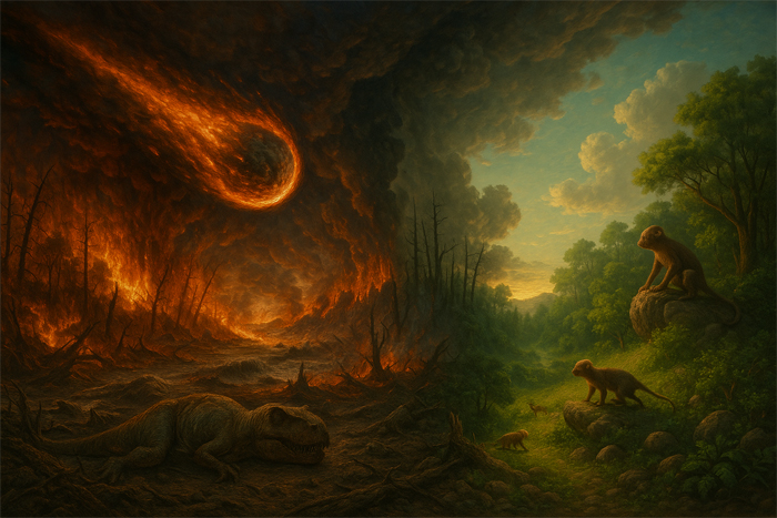 A fireball burns through a dark sky, leaving a barren land where a dinosaur lies still, while on the brighter right a green forest with small mammals suggests survival and new life.