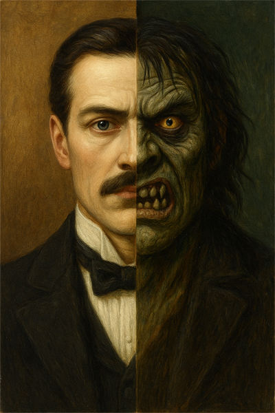 Illustration for “Strange Case of Dr. Jekyll and Mr. Hyde,” depicting the split between two opposing personalities.