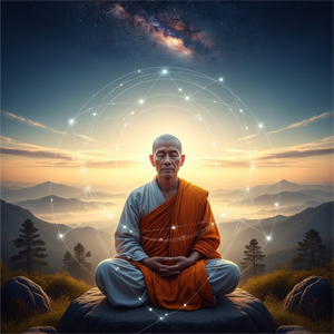 Meditating silhouette under a starry sky, suggesting the dissolution of the self into a sense of unity with the universe.