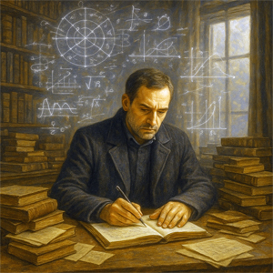 Person thinking with notebook and pen, symbolizing structured thought, language, and logical questioning.