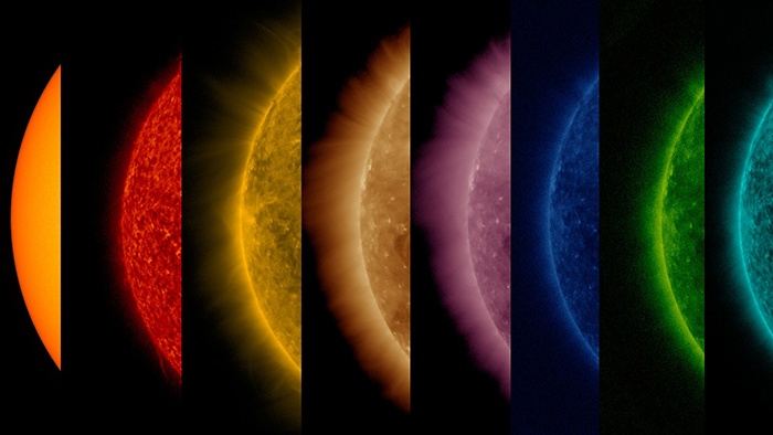 NASA Solar Dynamics Observatory image of the Sun in ultraviolet light, revealing plasma eruptions and solar activity.