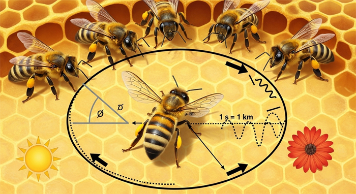 Diagram of the honeybee “waggle dance,” where direction encodes the angle to the sun and waggle duration encodes distance to a food source.